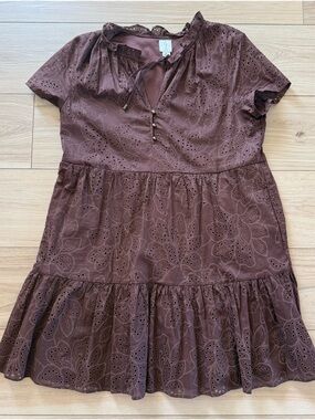 Joie Eyelet Dress XL Brown Boho Embroidered Tiered Mini Short Sleeve